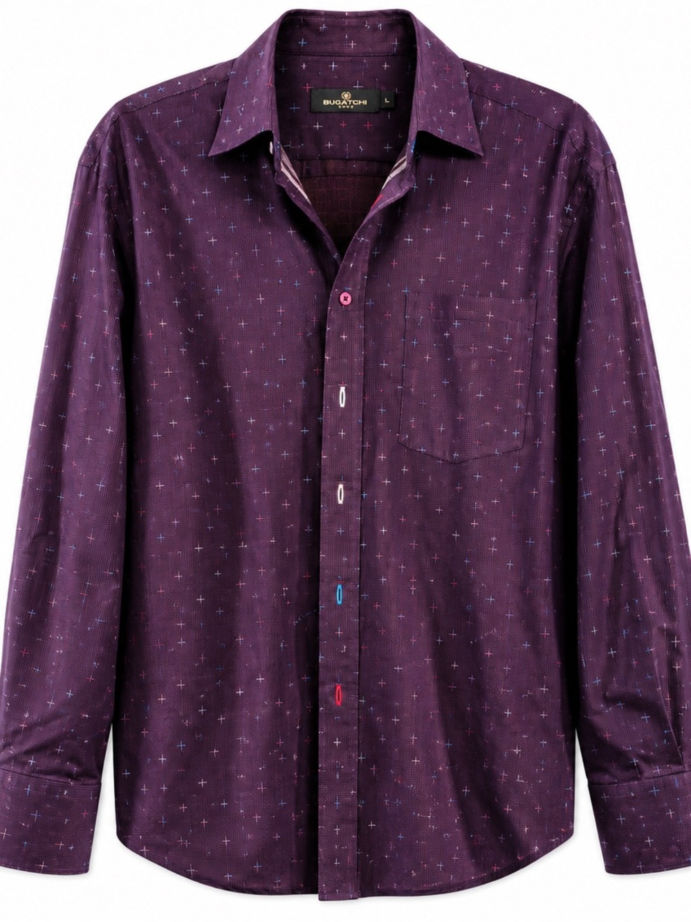 Bugatchi Men's Plum Button-Down Shirt with Subtle Cross Pattern